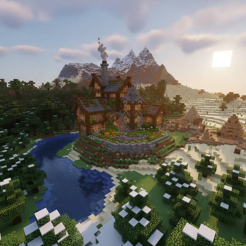 Piękny dom w Minecraft zbudowany z drewna i kamienia w lesie