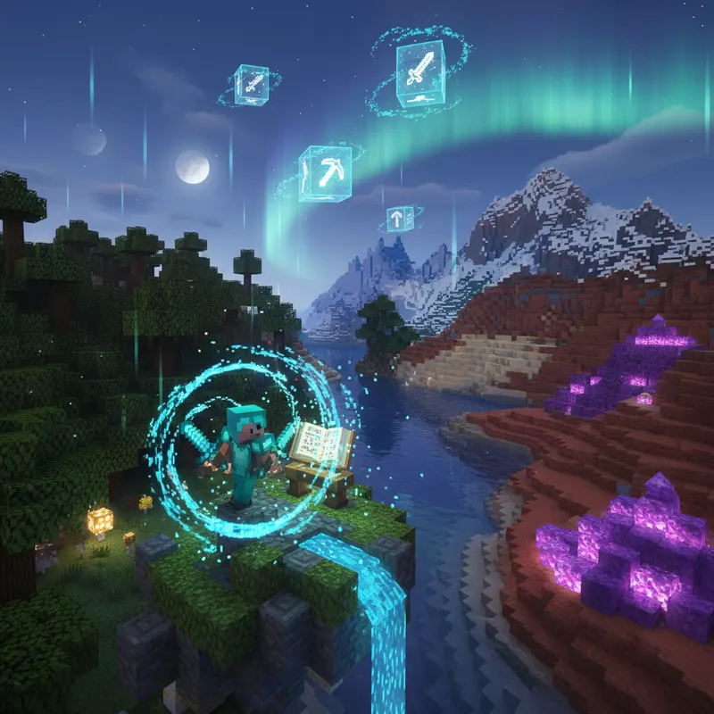 Enchant table minecraft otoczony półkami z książkami w magicznym pokoju