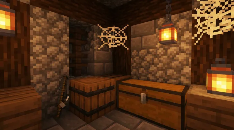 Beczka w Minecraft stojąca w drewnianym pomieszczeniu magazynowym