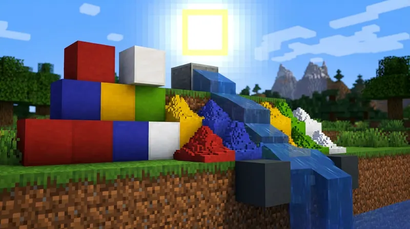Kolorowe bloki betonu w Minecraft ułożone w paletę kolorów