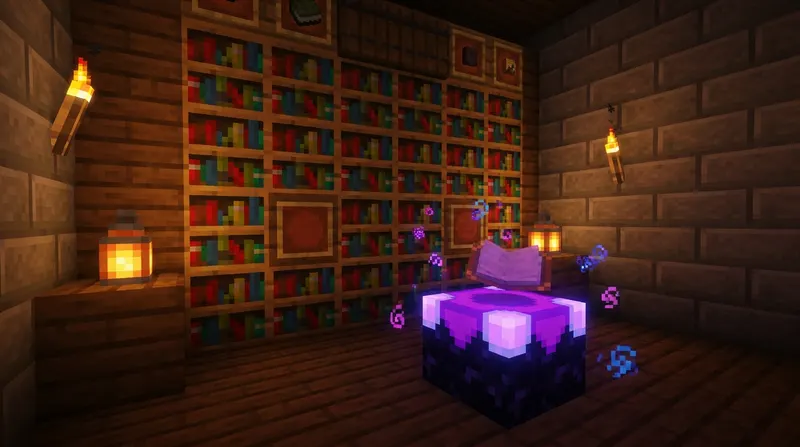 Biblioteczka w Minecraft umieszczona w pokoju z książkami i enchantingiem
