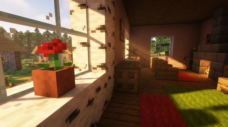 Doniczka w Minecraft z czerwonym kwiatem umieszczona w pomieszczeniu