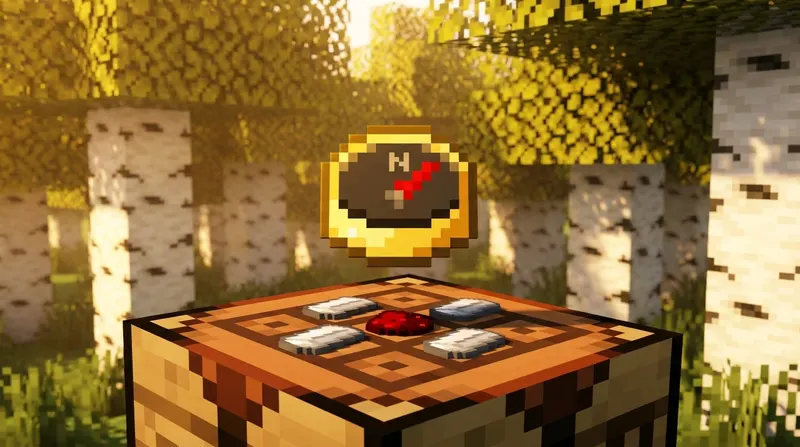 Gracz tworzy kompas w Minecraft przy stole rzemieślniczym
