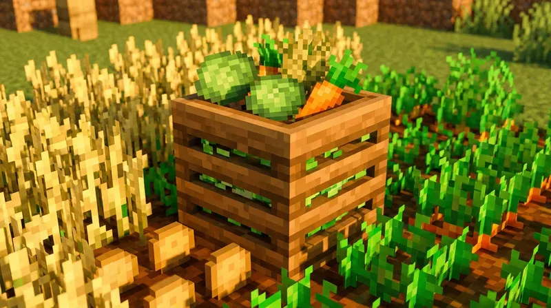 jak zrobić kompostownik w minecraft Kompostownik w Minecraft otoczony roślinami i przedmiotami organicznymi