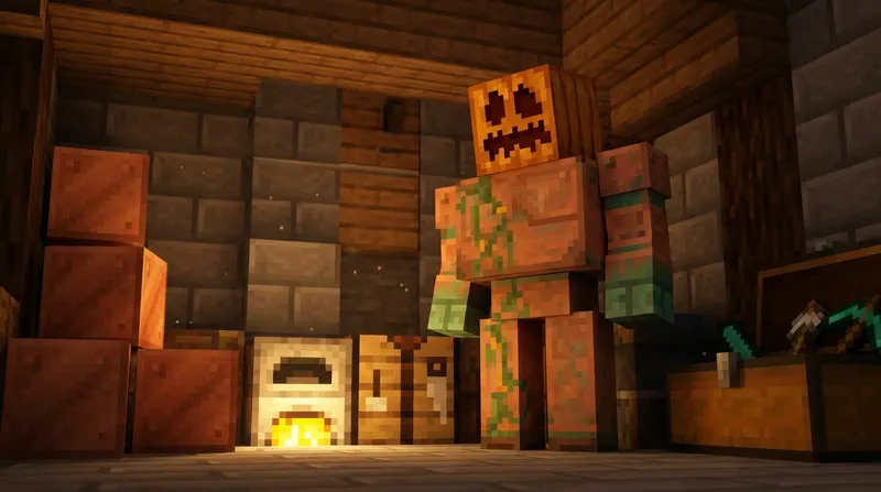 Miedziany golem w Minecraft stojący obok gracza z bloków miedzi
