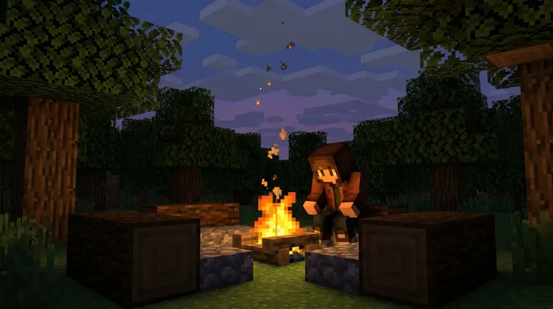 Ognisko w Minecraft z płonącym ogniem otoczone drewnianymi kłodami