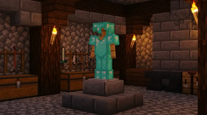 Stojak na zbroję w Minecraft z pełnym zestawem diamentowej zbroi