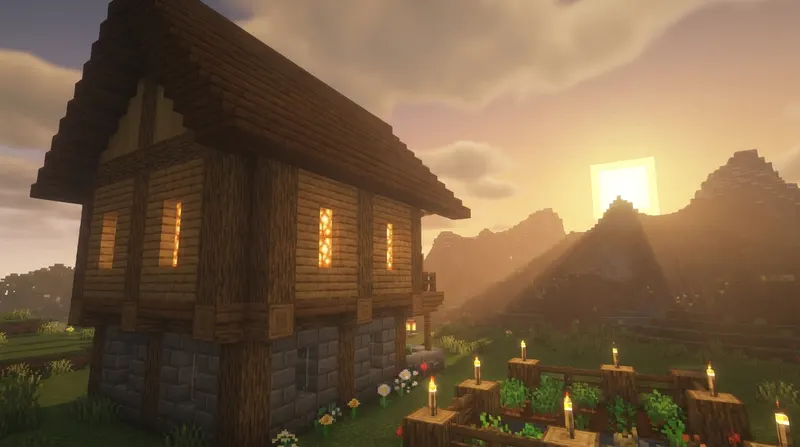Ładny dom w minecraft zbudowany z drewna i kamienia w lesie