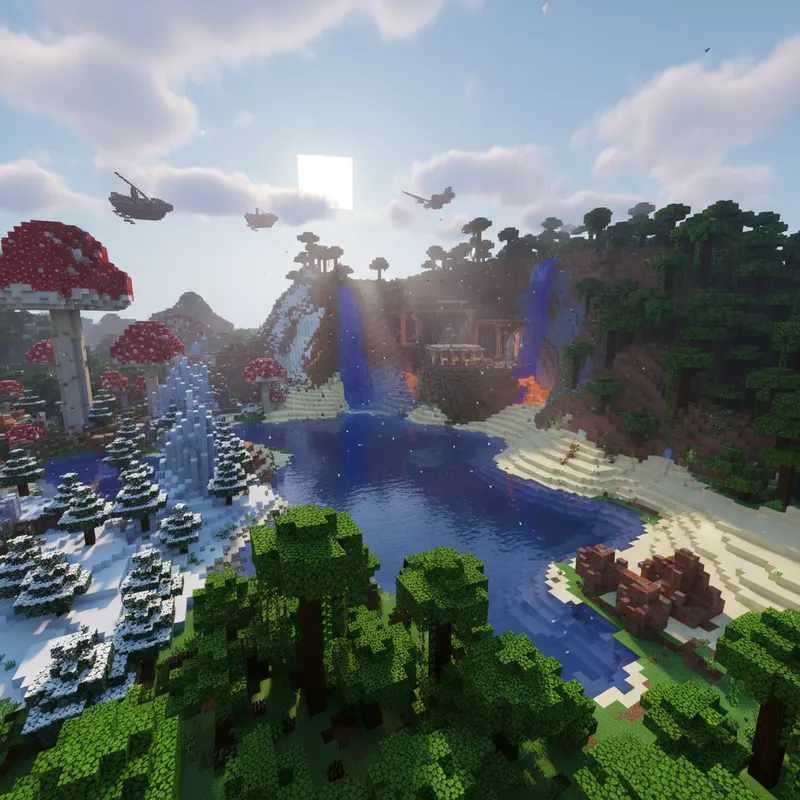 Ekran z gry pokazujący różnorodne mapy minecraft z budowlami i przygodami