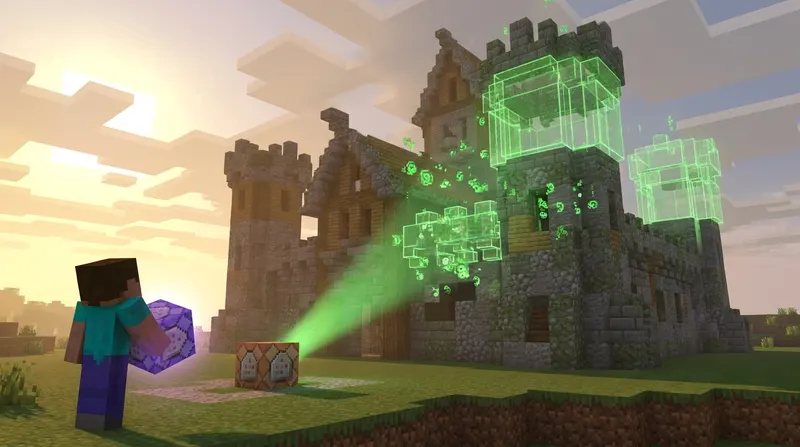 Gracz używający minecraft komendy na budowle w trybie kreatywnym