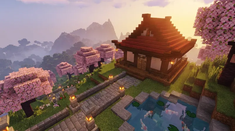 Pomysł na dom w Minecraft - ładny drewniany dom z ogrodem i dekoracjami