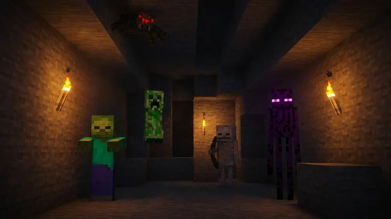potwory minecraft Potwory Minecraft w nocnym biomie - creeper, zombie i szkielet