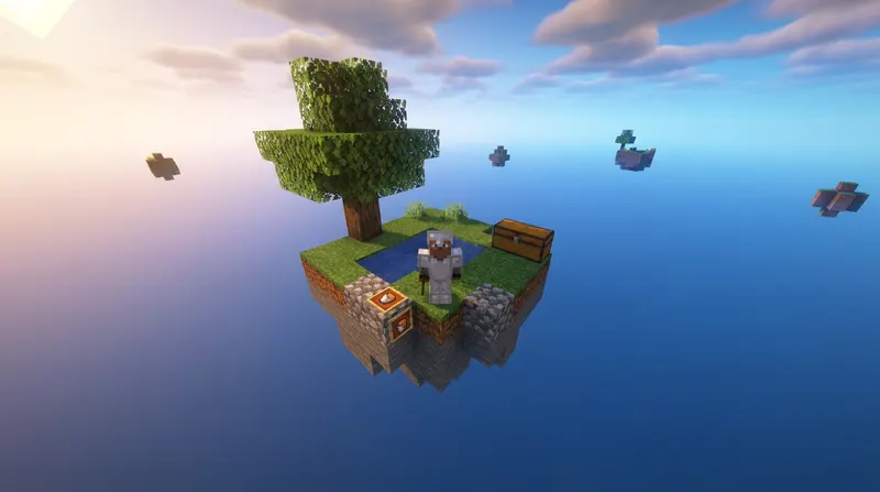Serwery Minecraft SkyBlock - wyspa na niebie z graczem budującym bazę