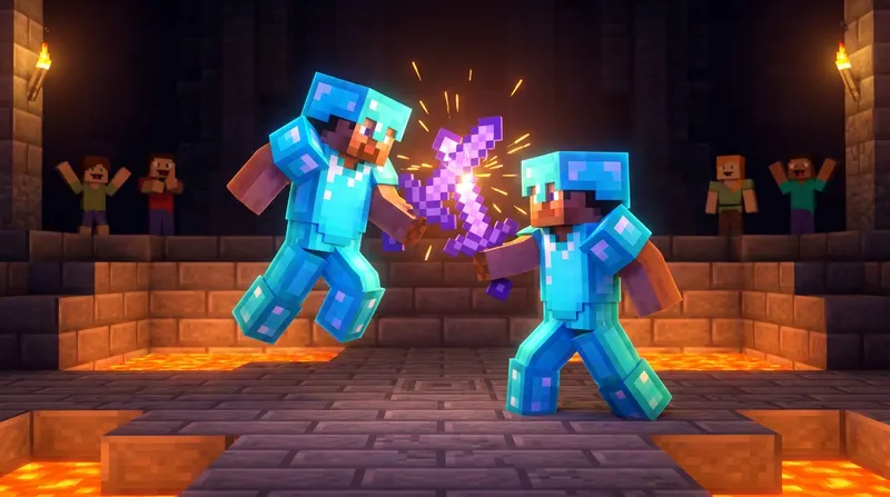 serwery pvp minecraft Gracze walczący na serwerze pvp minecraft z mieczami i zbroją